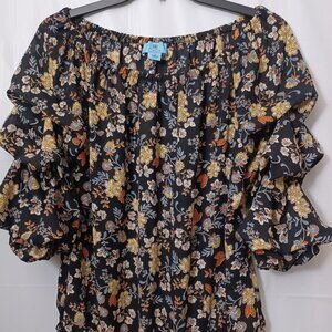 CECE FLORAL OFF THE SHOULDER 3/4 TIERED SLEEVE BLOUSE SIZE SMALL